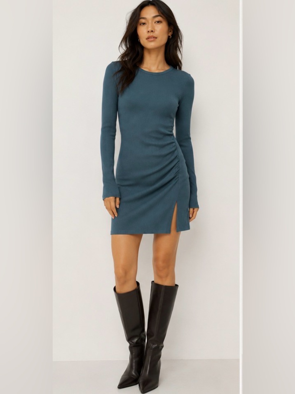 Le Lis Ribbed Ruched Side Mini Dress Teal Small